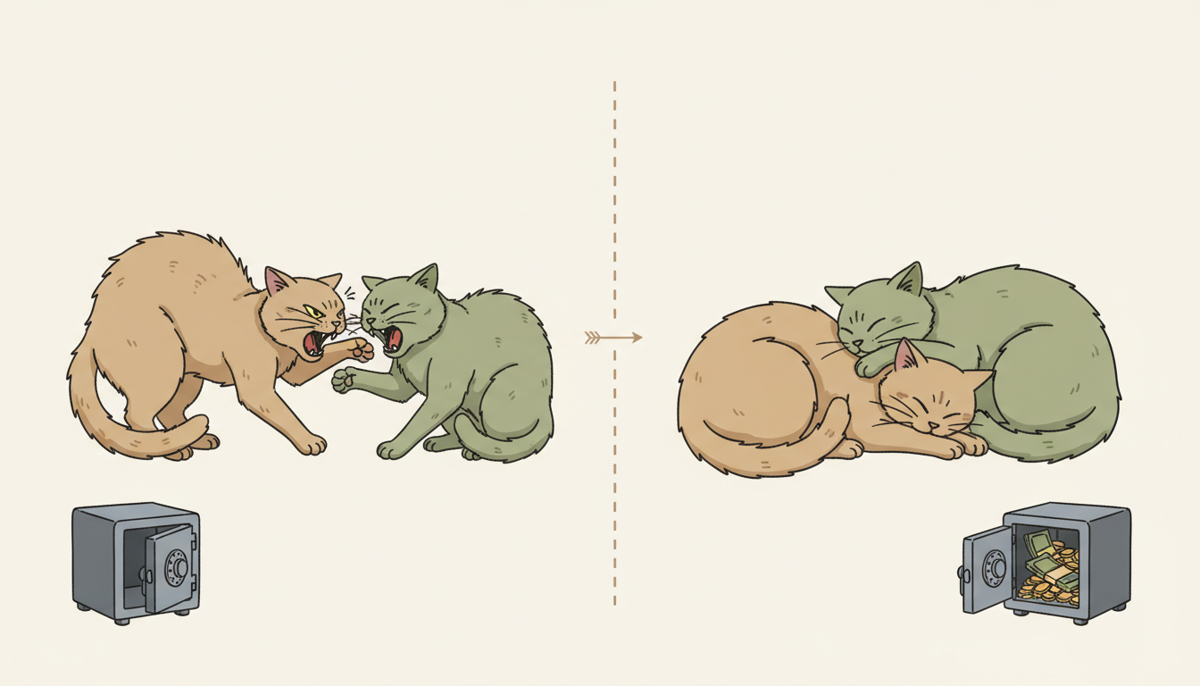 Illustrated ledger showing the bank account method: withdrawals (tense cats, red balance) above, deposits (calm cats, green balance) below, with a bar shifting from red to green between them
