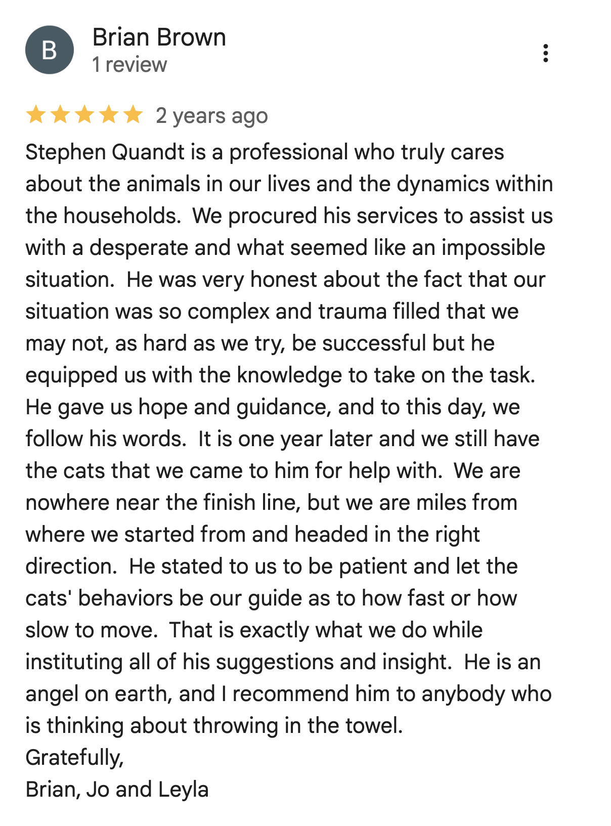 Google Review from Brian Brown